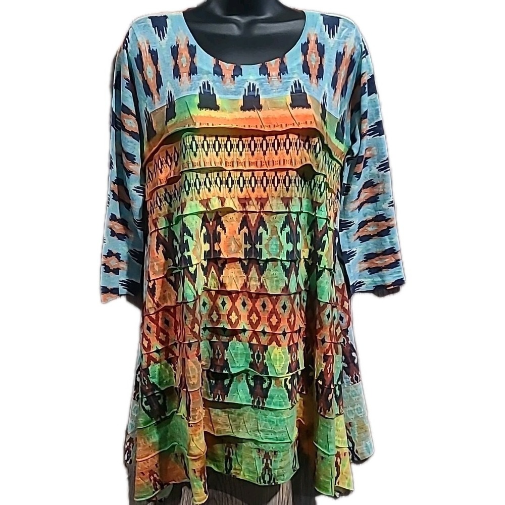 Cubism Ruffle Tiered Tunic Sz L Art to Wear Colorful Abstract Tribal 3/4 Sleeve